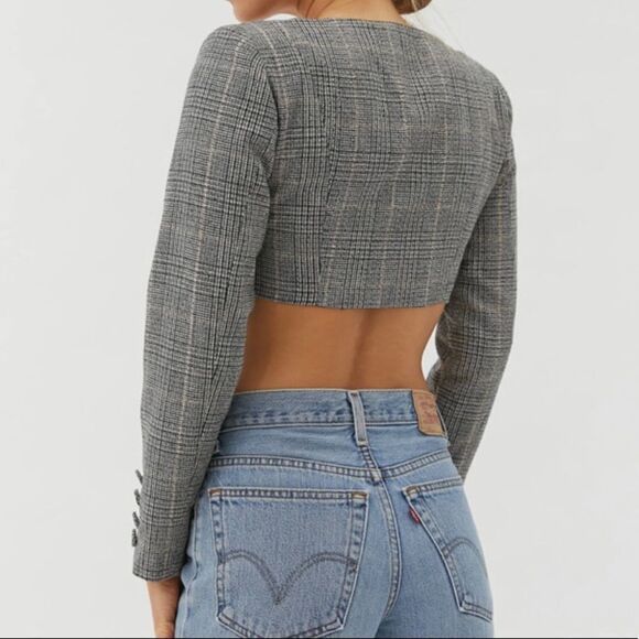 For Love & Lemons Frankie Plaid Crop Top Grey Wool Blend Large MSRP $189 - Picture 4 of 10